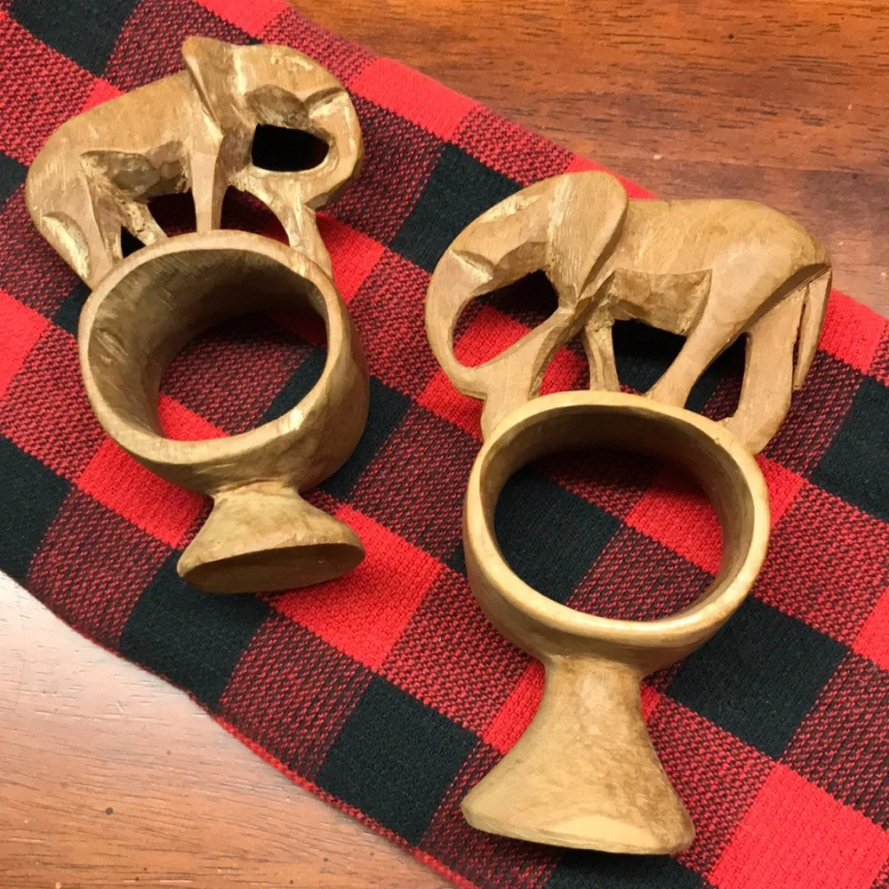 Vintage Hand Carved Wooden Elephant Napkin Rings